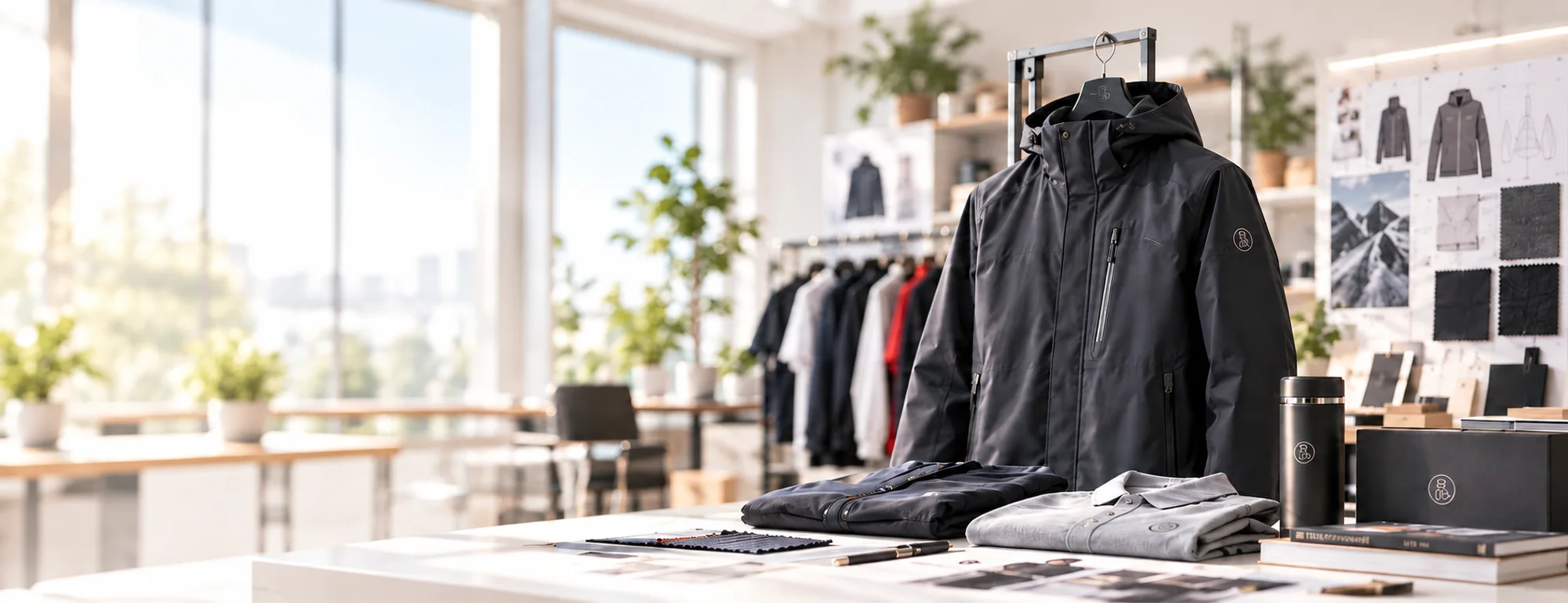 黑色功能外套与企业服饰陈列的设计工作室
